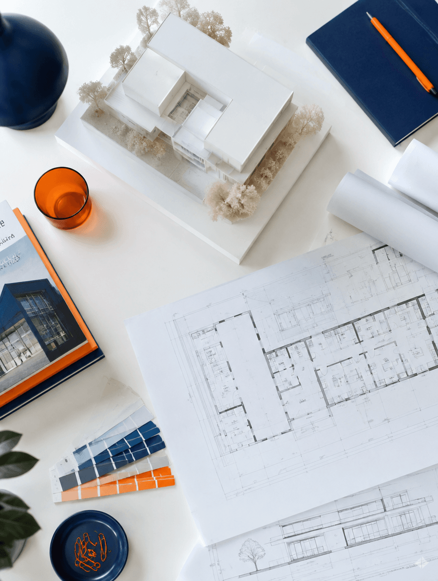 Bina maketi ve mimari plan içeren bir tasarım masası