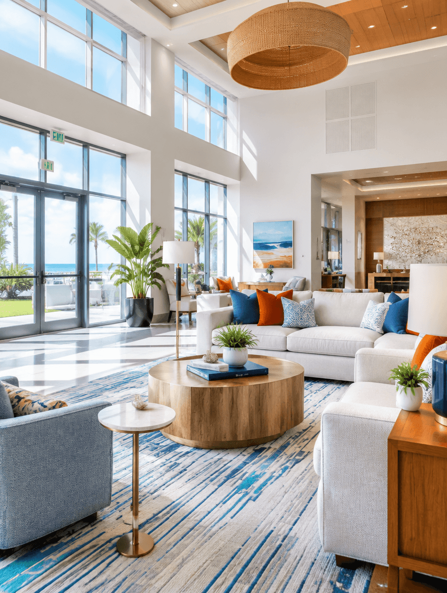 Aydınlık bir otel lobisi veya sahil terası
